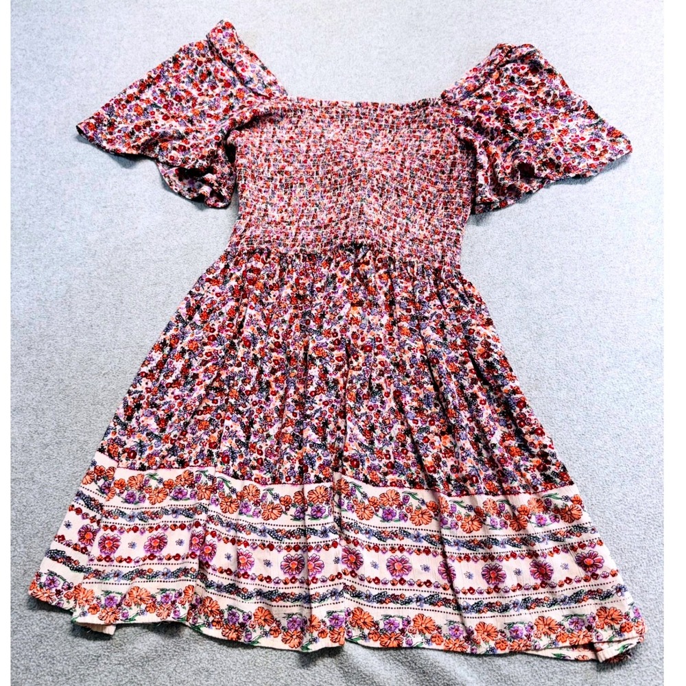 Angie Floral Mini Dress Womens M Multicolor Boho Flutter Sleeve V-Neck Smocked - Picture 9 of 9